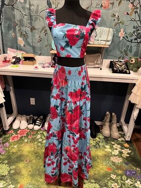 Floral Ruffle Crop Top & Maxi Skirt Set - Blue with Pink Roses